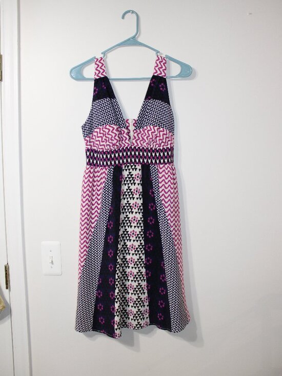 Single Dress Dresses & Skirts - Women's Single Dress Silk Multicolor Patchwork Geometric Low V-Neck Midi Dress